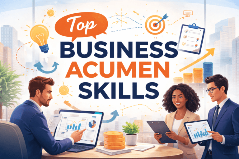 Illustration of professionals reviewing charts and strategy to represent business acumen skills, decision-making, financial literacy, and strategic thinking