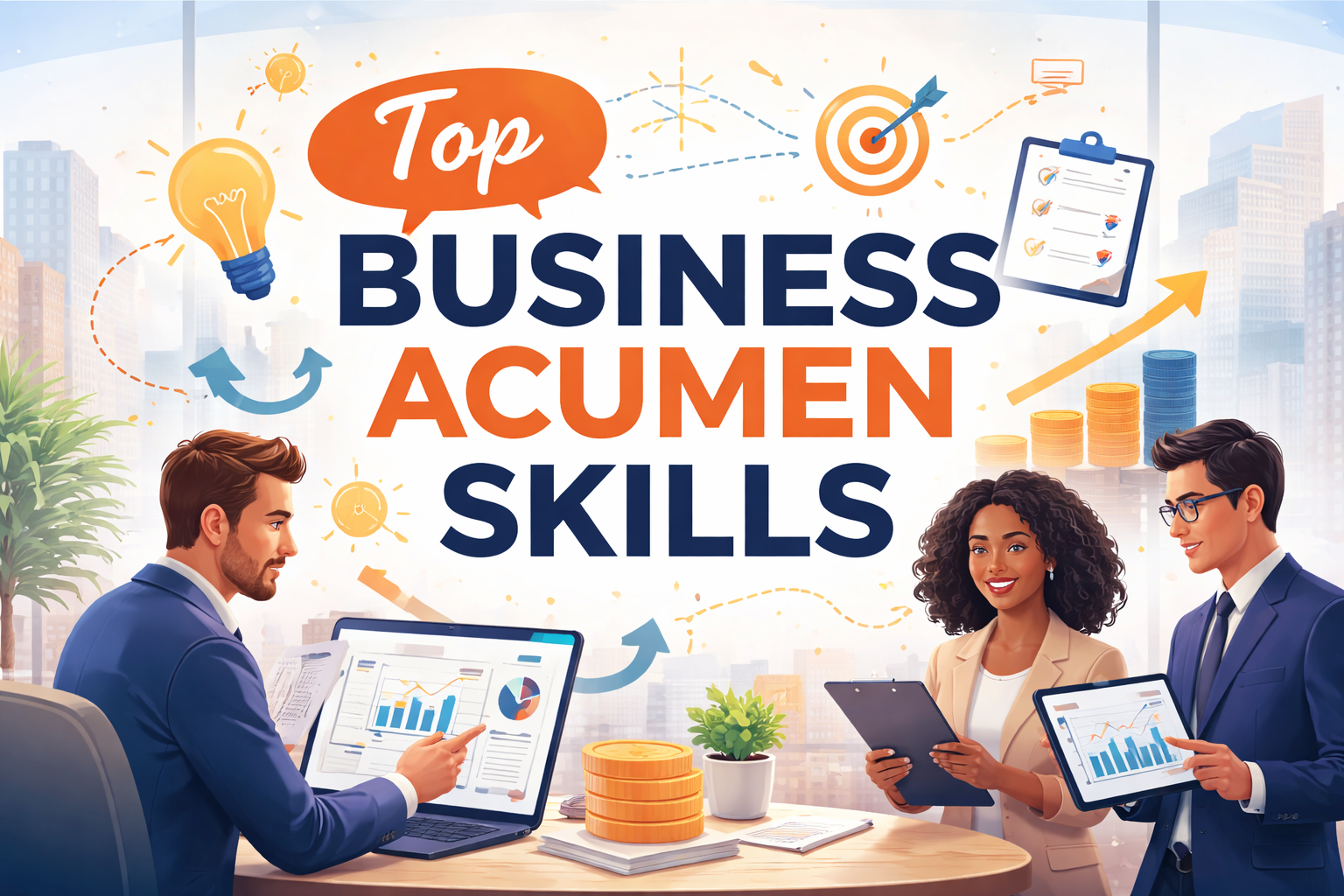 Illustration of professionals reviewing charts and strategy to represent business acumen skills, decision-making, financial literacy, and strategic thinking