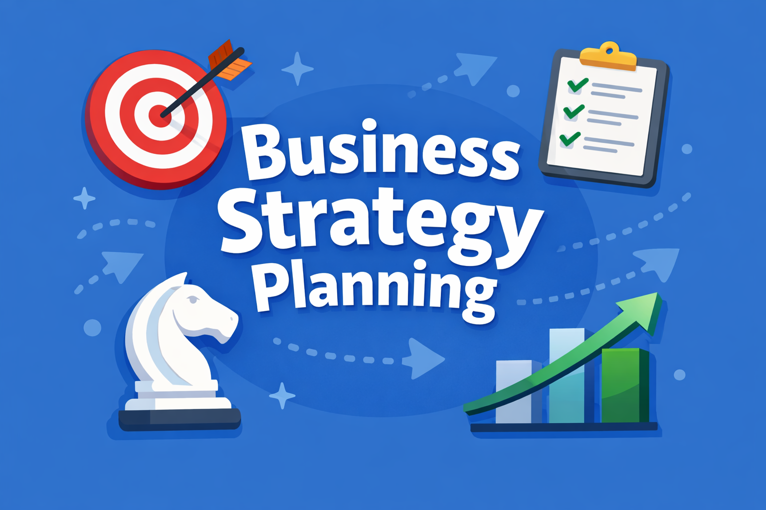 Illustration showing business strategy planning with target, checklist, chess piece, and growth chart icons