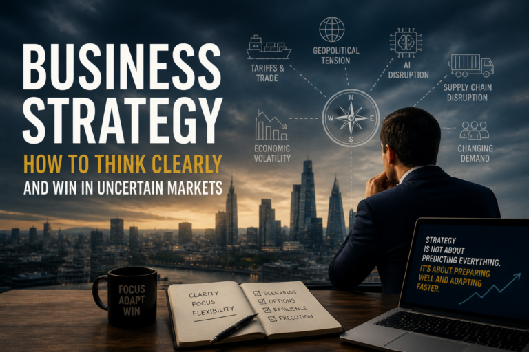 Business leader reviewing a strategic decision framework for uncertain markets, showing scenario planning, risks, and market signals.