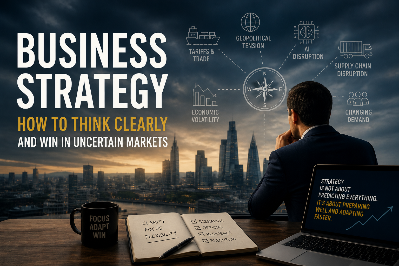 Business leader reviewing a strategic decision framework for uncertain markets, showing scenario planning, risks, and market signals.