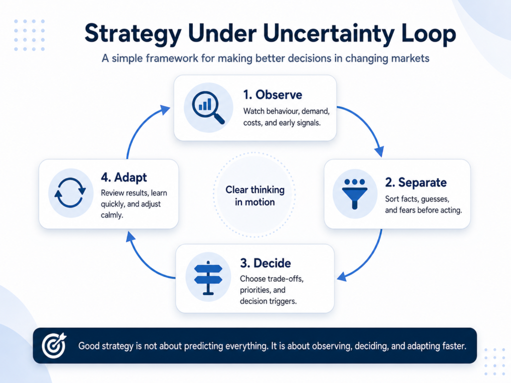 Circular strategy framework showing observe, separate, decide, and adapt as four steps for business strategy under uncertainty.