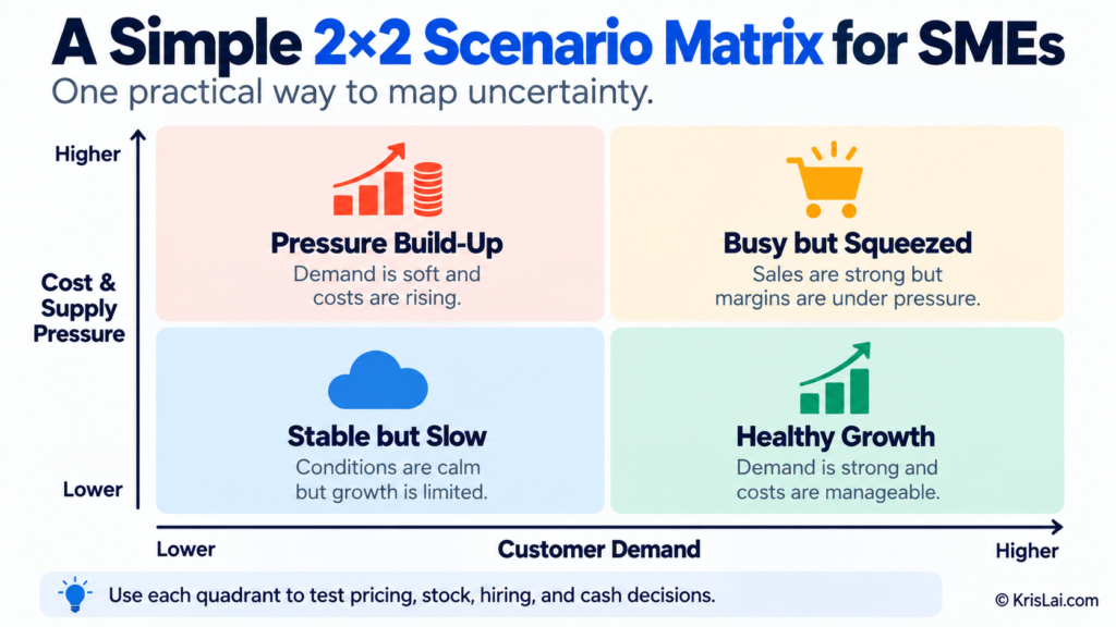 2×2 scenario planning matrix for SMEs comparing customer demand with cost and supply pressure across four business scenarios