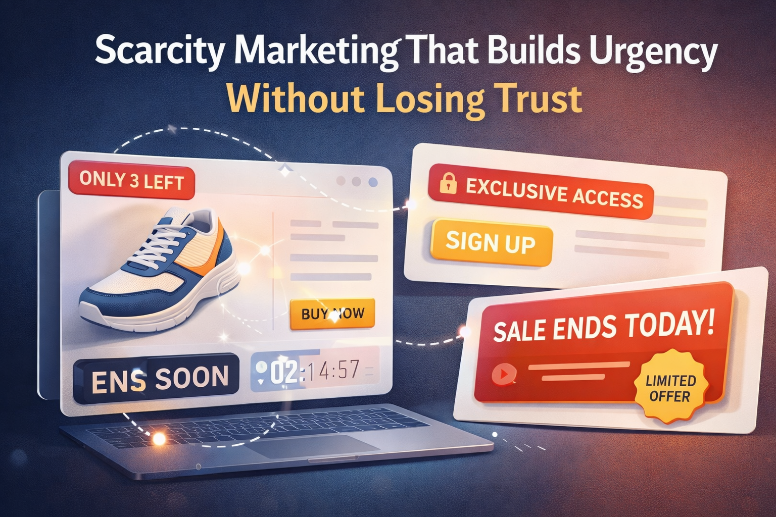 Illustration showing scarcity marketing with limited-time offers, low-stock messaging, and ethical sales urgency