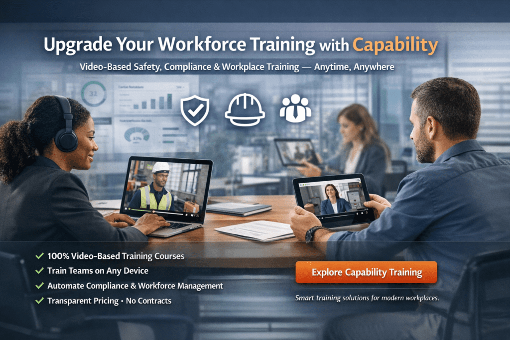 Capability online training platform showing video-based workplace safety and compliance courses for employees on laptop and mobile devices.