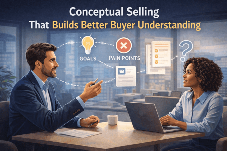 Professional B2B sales conversation showing conceptual selling through buyer understanding, questions, and trust-building