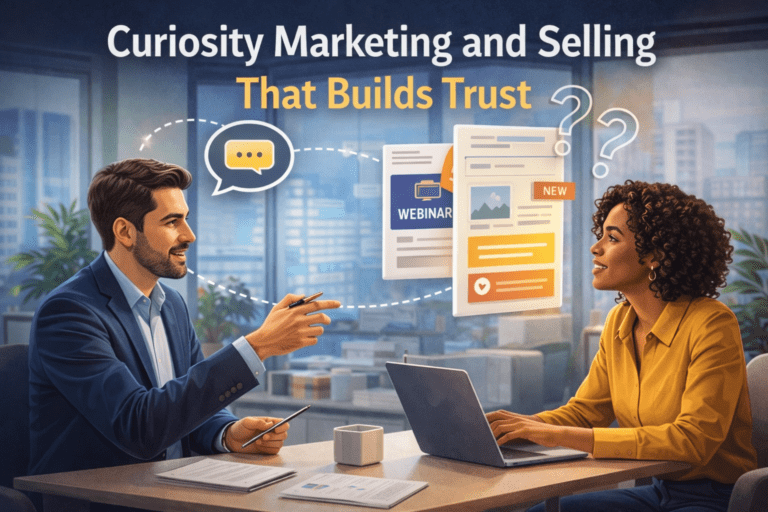 Professional image showing curiosity marketing and selling through thoughtful questions, buyer attention, and trust-building conversations