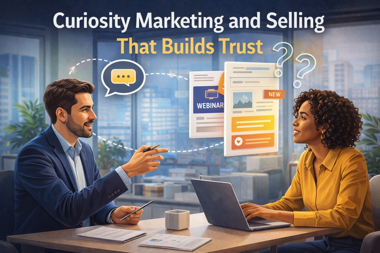 Professional image showing curiosity marketing and selling through thoughtful questions, buyer attention, and trust-building conversations