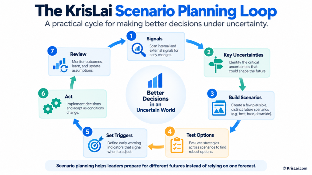 KrisLai scenario planning loop showing signals, key uncertainties, scenarios, option testing, triggers, action and review