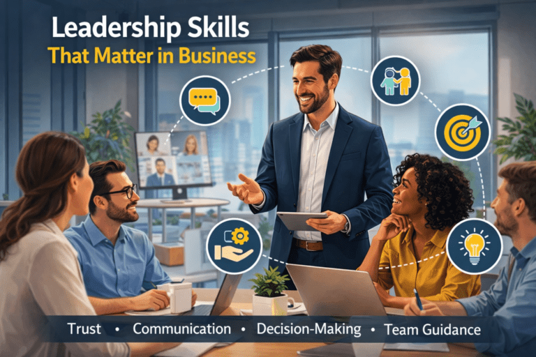 Professional business leadership image showing communication, teamwork, decision-making, and modern workplace leadership
