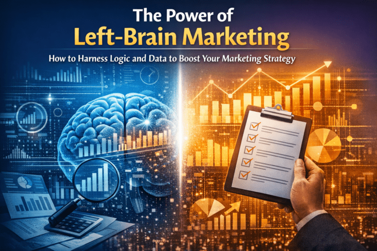 Illustration showing left-brain marketing with analytics, logic, data charts, and structured marketing strategy elements