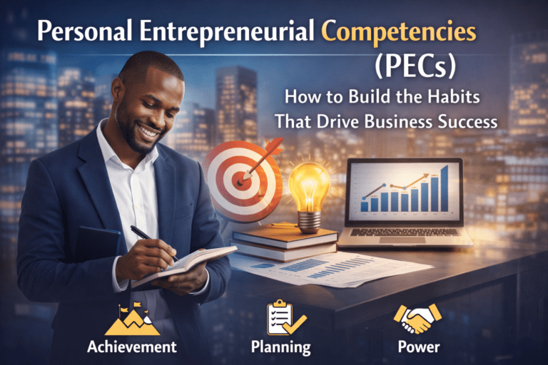 Illustration showing personal entrepreneurial competencies with achievement, planning, and power themes for business success