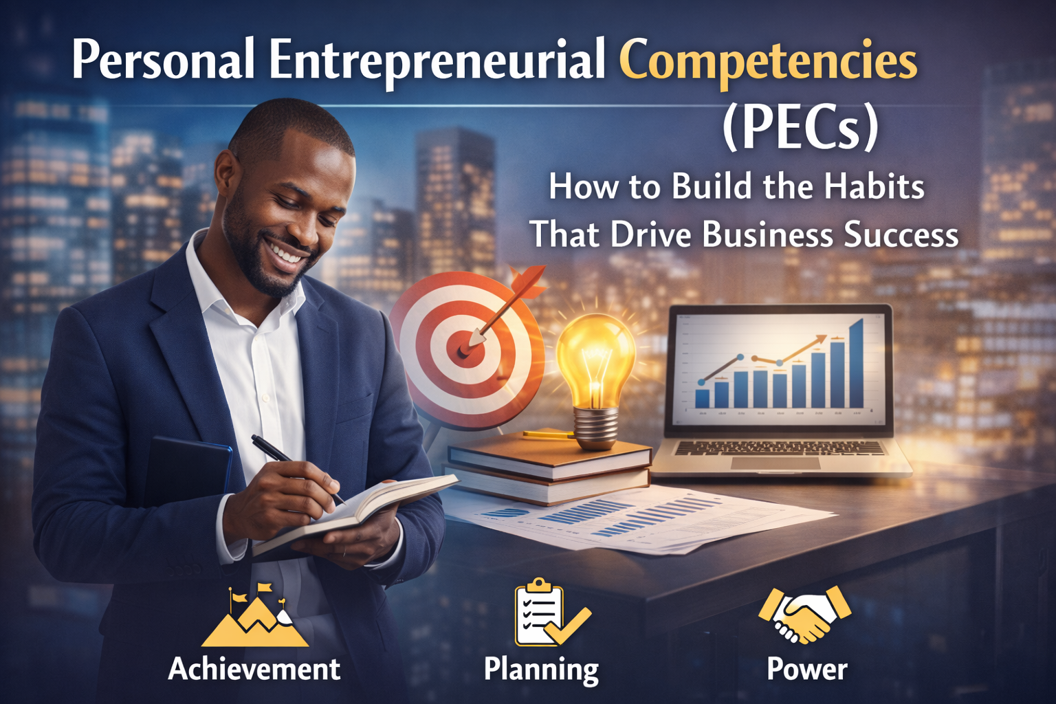 Illustration showing personal entrepreneurial competencies with achievement, planning, and power themes for business success