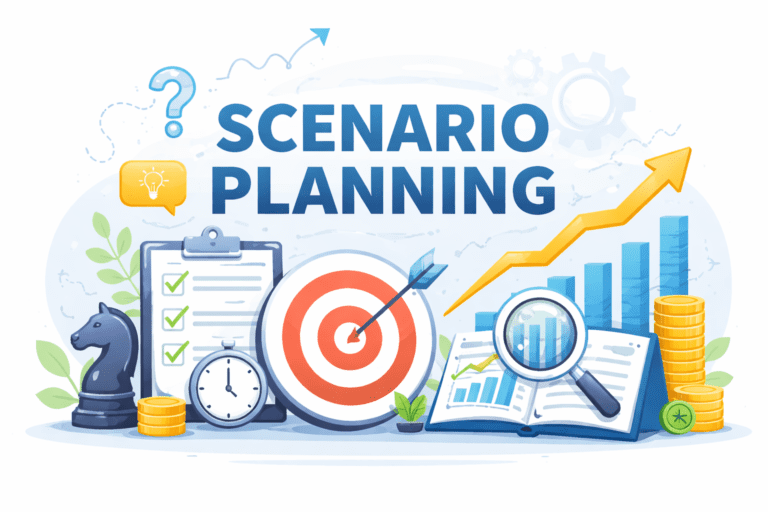 Illustration of scenario planning in business with target, checklist, charts, magnifying glass, and strategy icons