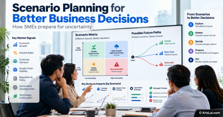 Scenario planning for SMEs infographic showing a scenario matrix, market signals, future paths and better business decisions under uncertainty