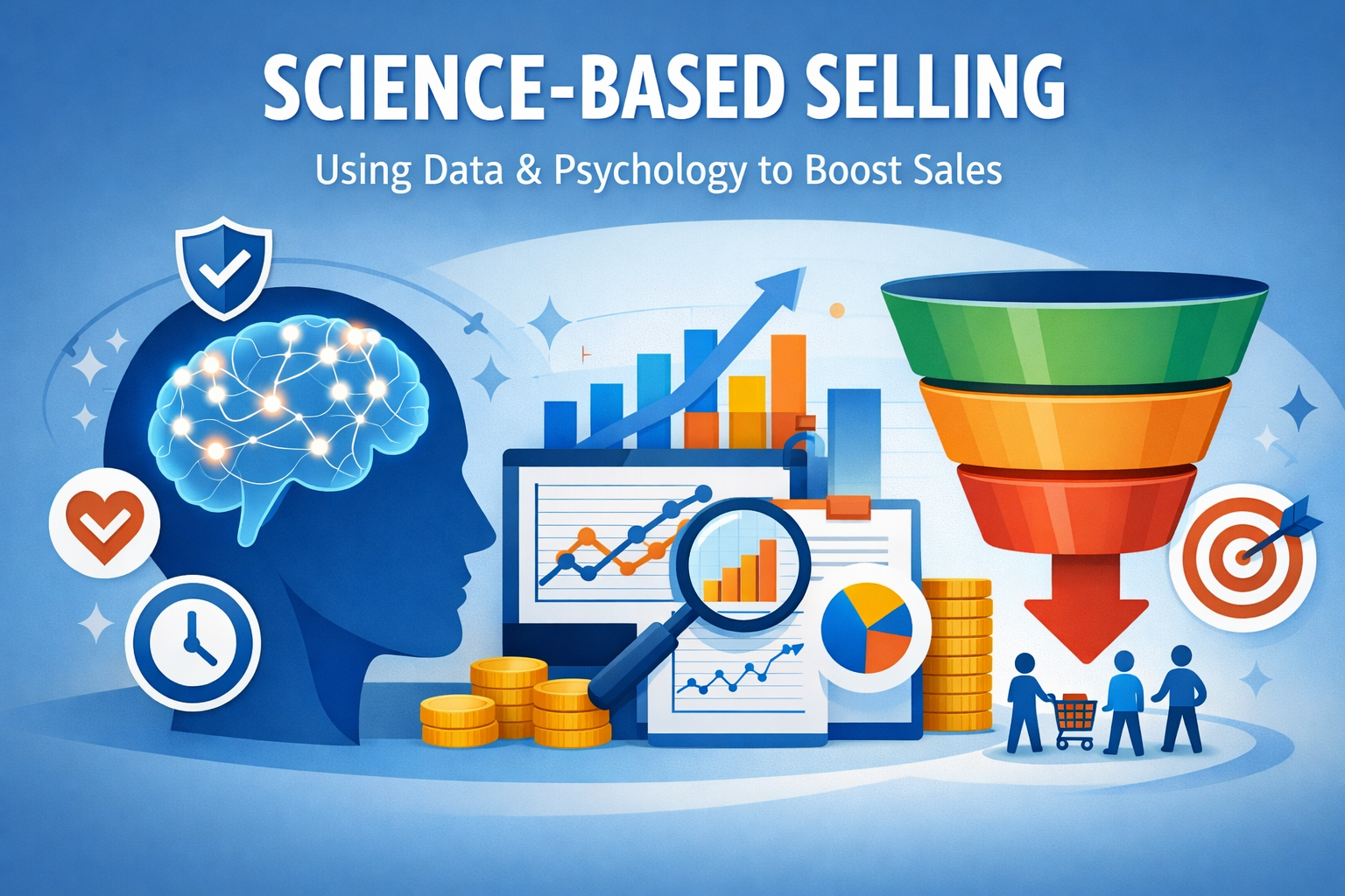 Illustration showing science-based selling with customer psychology, sales data, charts, and decision-making icons