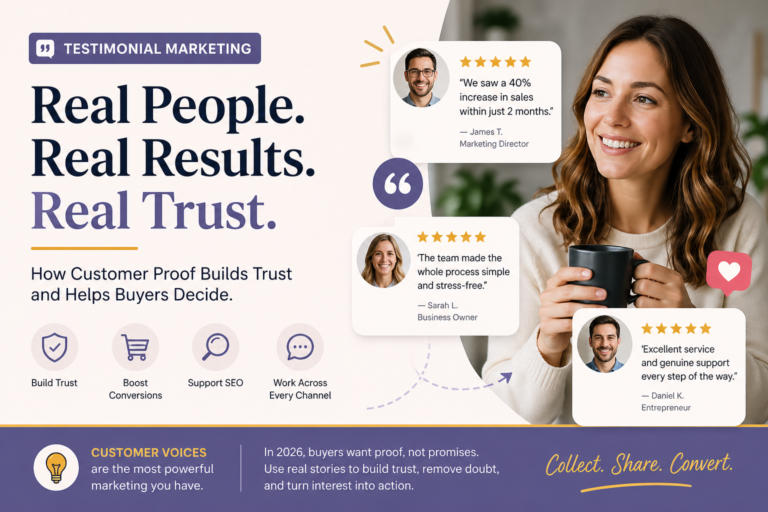 Featured image showing testimonial marketing, customer proof, reviews, trust signals, and buyer confidence