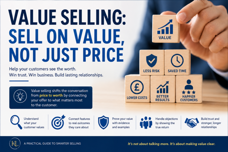 Value selling featured image showing sales value blocks for less risk, saved time, lower costs, better results, and happier customers