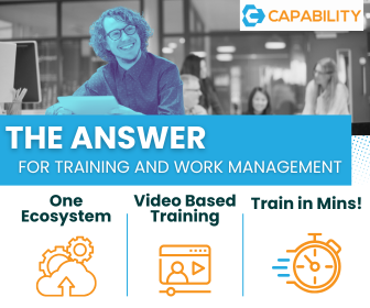 Capability training and work management banner showing online training, video-based learning, and short training modules