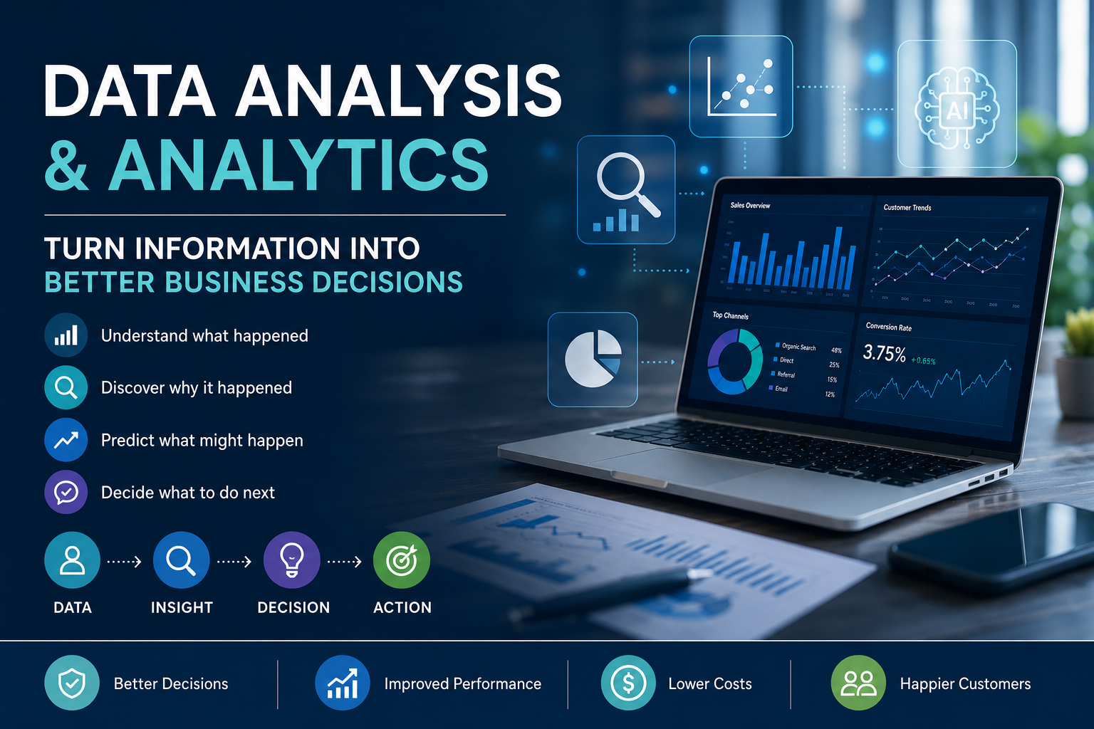 Featured image for data analysis and analytics showing business dashboards, charts, AI-assisted insights, data visualisation, and better business decision-making