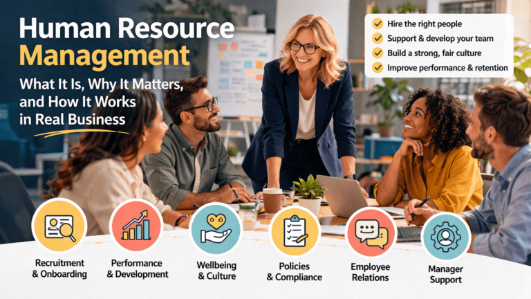 Professional workplace image representing human resource management, employee support, hiring, training, and business performance