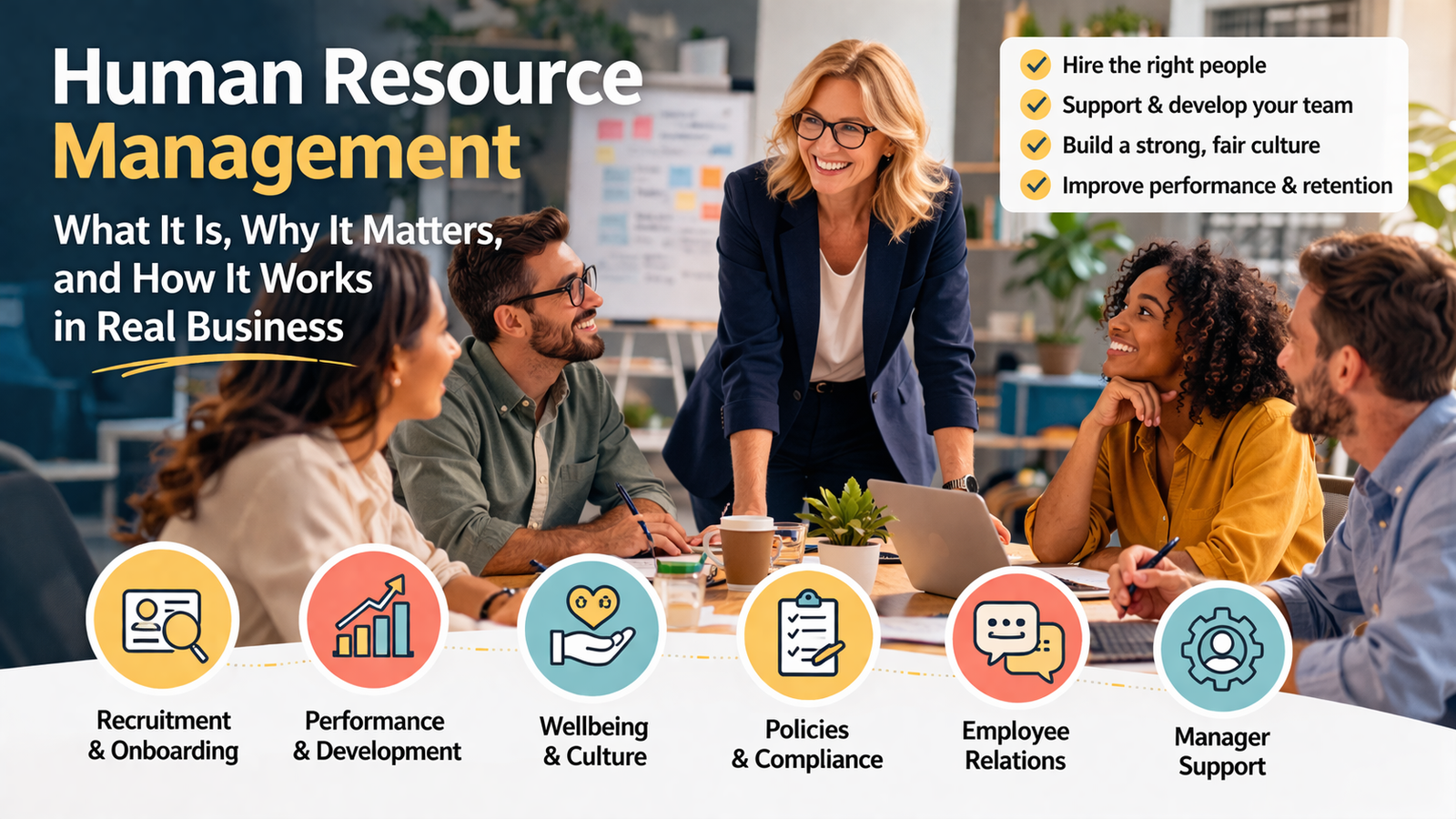 Professional workplace image representing human resource management, employee support, hiring, training, and business performance