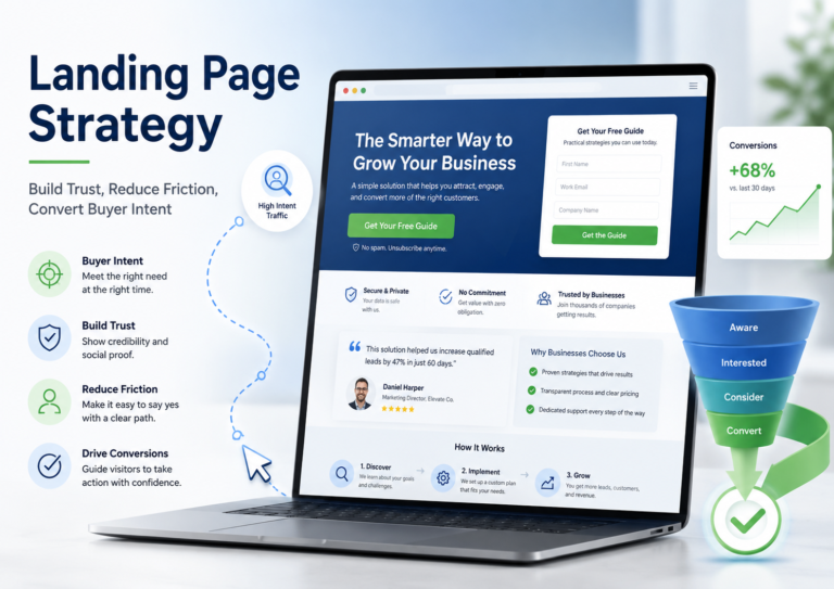 Featured image for landing page strategy showing buyer intent, trust signals, reduced friction, conversion funnel, landing page form, and conversion growth