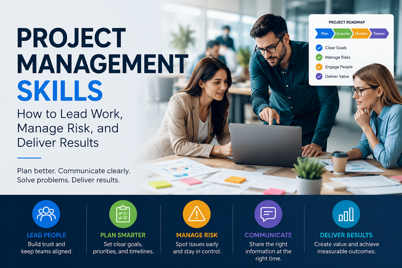 Featured image for project management skills showing a business team collaborating around a laptop with visual elements for planning, risk management, communication, and results delivery
