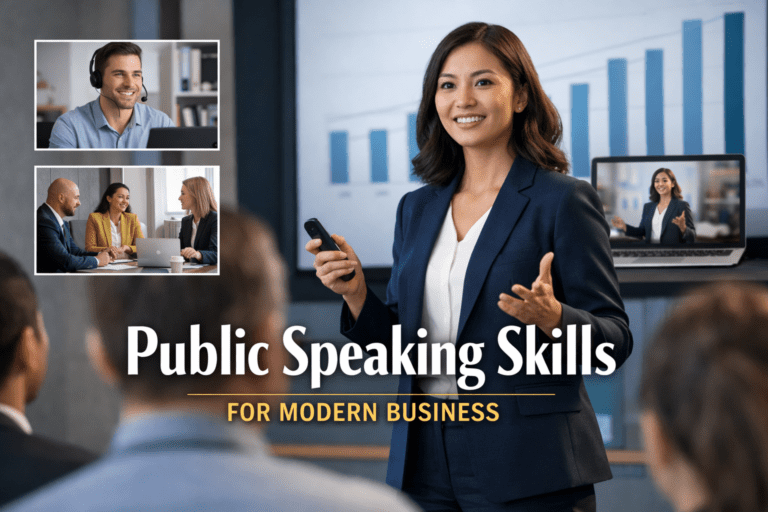 Professional speaking and presentation image representing public speaking skills for meetings, presentations, video calls, and leadership communication
