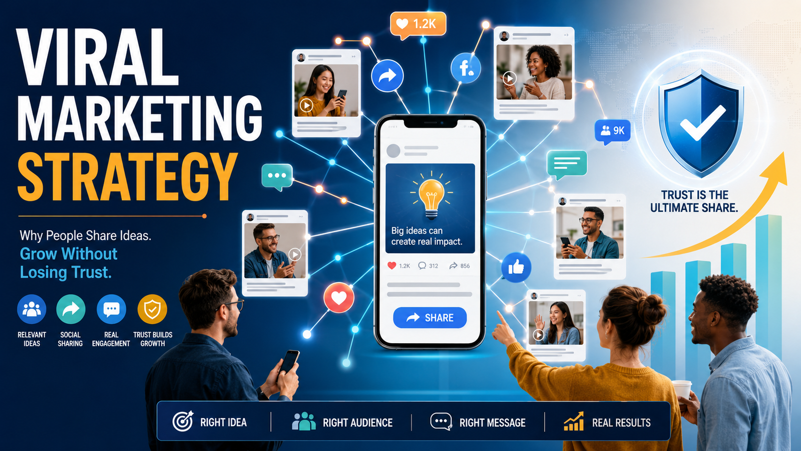 Featured image for viral marketing strategy showing social sharing, audience engagement, trust signals, content spread, and growth through real ideas