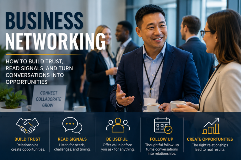 Featured image showing business networking, trust-building, professional conversations, follow-up, relationship-building, and business opportunities