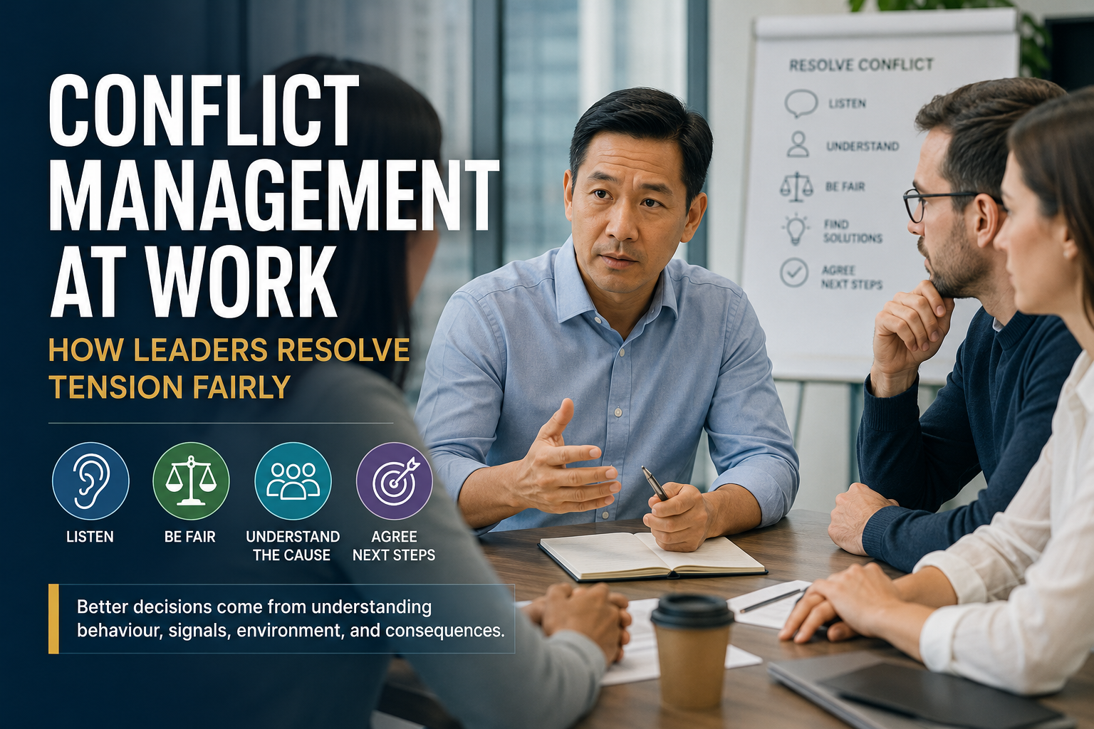 Manager helping two employees resolve workplace conflict through calm discussion and fair communication.