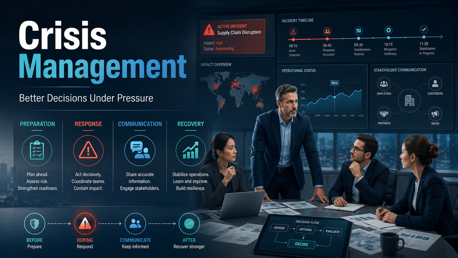 Featured image showing crisis management, leadership under pressure, incident response, stakeholder communication, recovery planning, and better decision-making