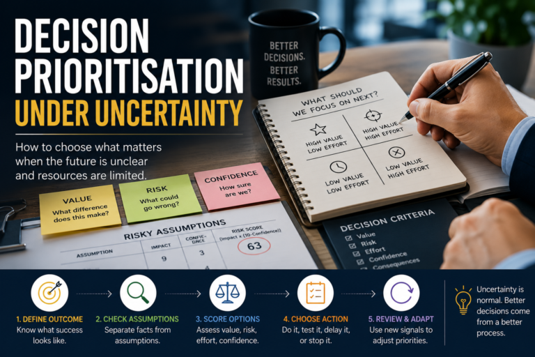 Featured image showing decision prioritisation under uncertainty with a value and effort matrix, risk assumptions, confidence checks, and decision criteria