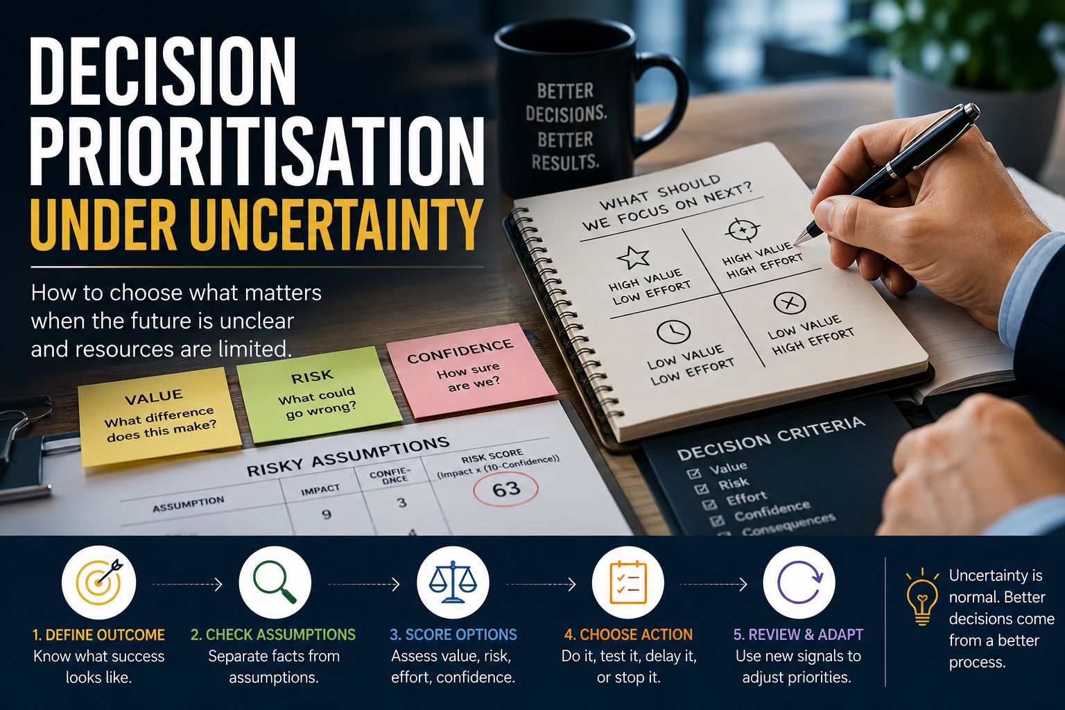 Featured image showing decision prioritisation under uncertainty with a value and effort matrix, risk assumptions, confidence checks, and decision criteria