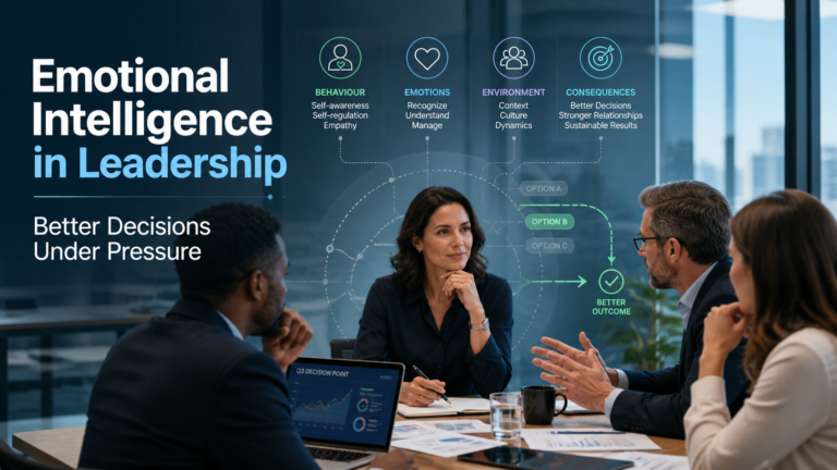 Professional business image showing emotional intelligence in leadership, calm decision-making under pressure, team communication, and workplace trust