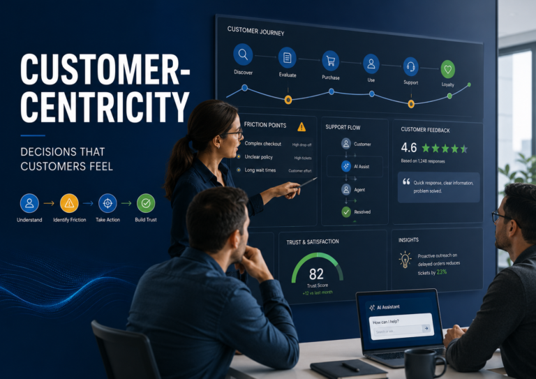 Business team reviewing customer journey signals, feedback, and friction points to improve customer experience and decision-making