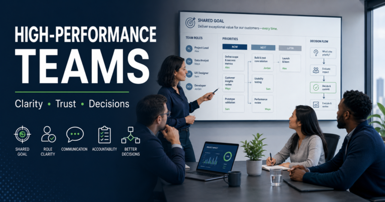 Business team working with clear goals, role clarity, and shared decision-making in a high-performance team setting