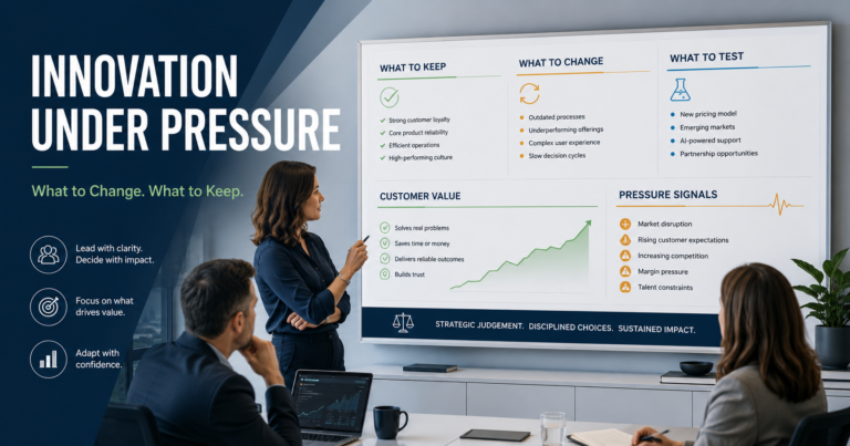 Business leader reviewing innovation choices under pressure with signals showing what to keep, what to change, and what to test