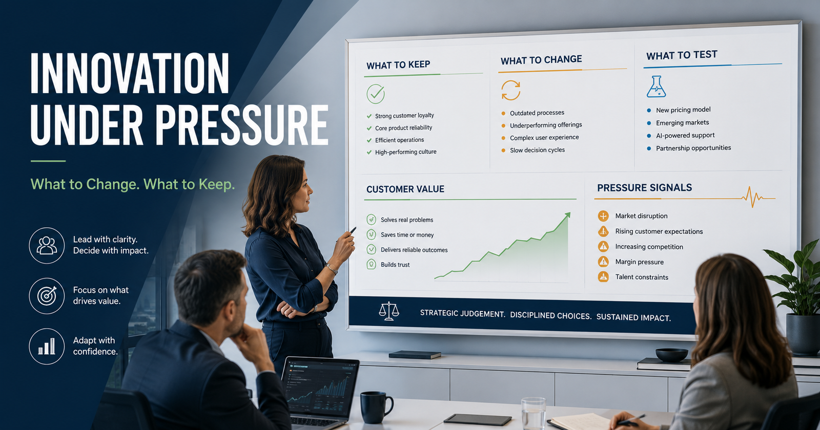 Business leader reviewing innovation choices under pressure with signals showing what to keep, what to change, and what to test