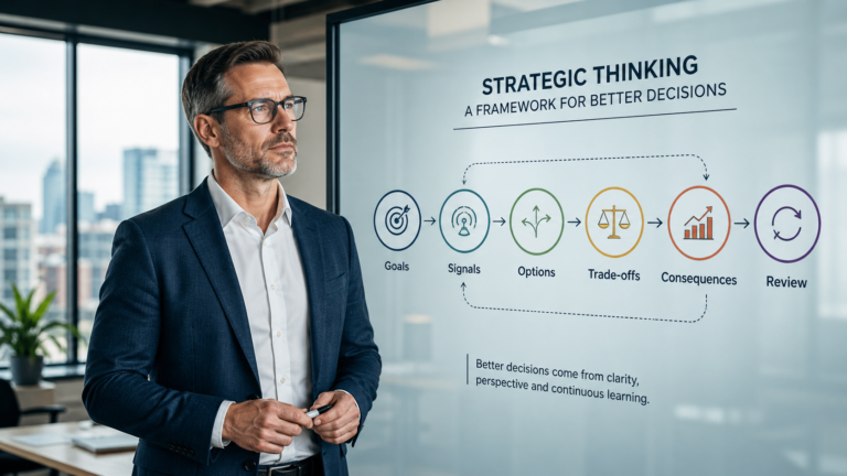 Business leader reviewing strategic thinking framework with goals, signals, options, trade-offs, consequences, and review points.