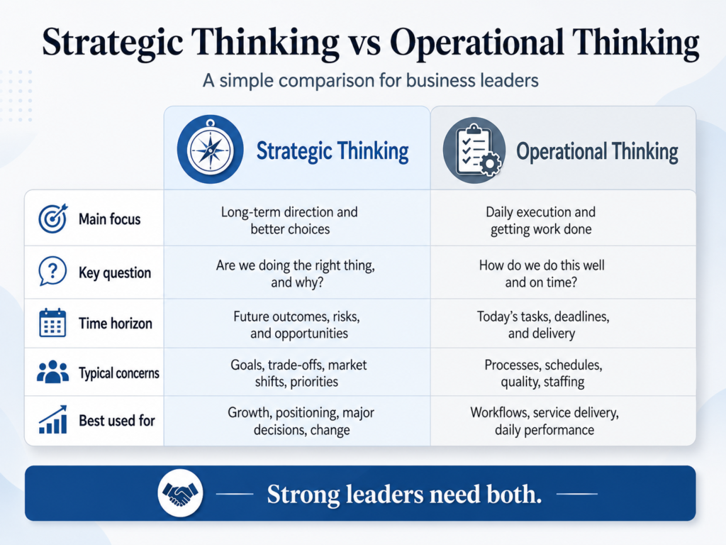 Diagram comparing strategic thinking and operational thinking for business leaders, including focus, key questions, time horizon, concerns, and best use.