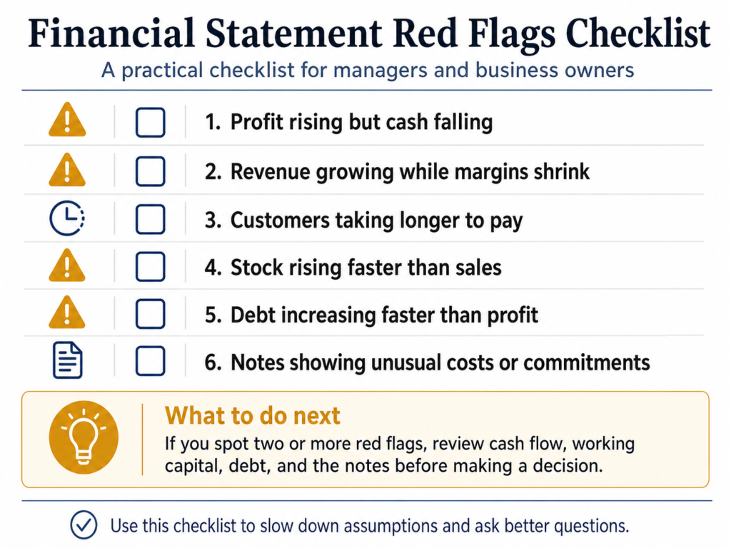 Checklist graphic showing financial statement red flags for managers, including rising debt, falling cash flow, shrinking margins, slow customer payments, growing stock, and profit not turning into cash