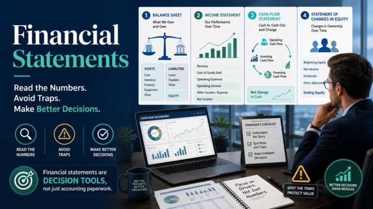 Featured image showing financial statements as decision tools for managers, including balance sheet, income statement, cash flow statement, equity changes, financial analysis, and better business decisions