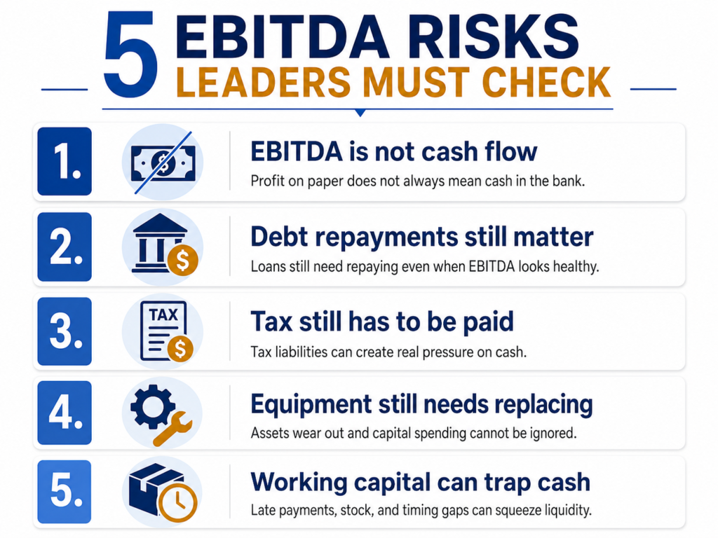 EBITDA risks infographic showing 5 risks leaders must check, including EBITDA is not cash flow, debt repayments, tax, equipment replacement, and working capital pressure.