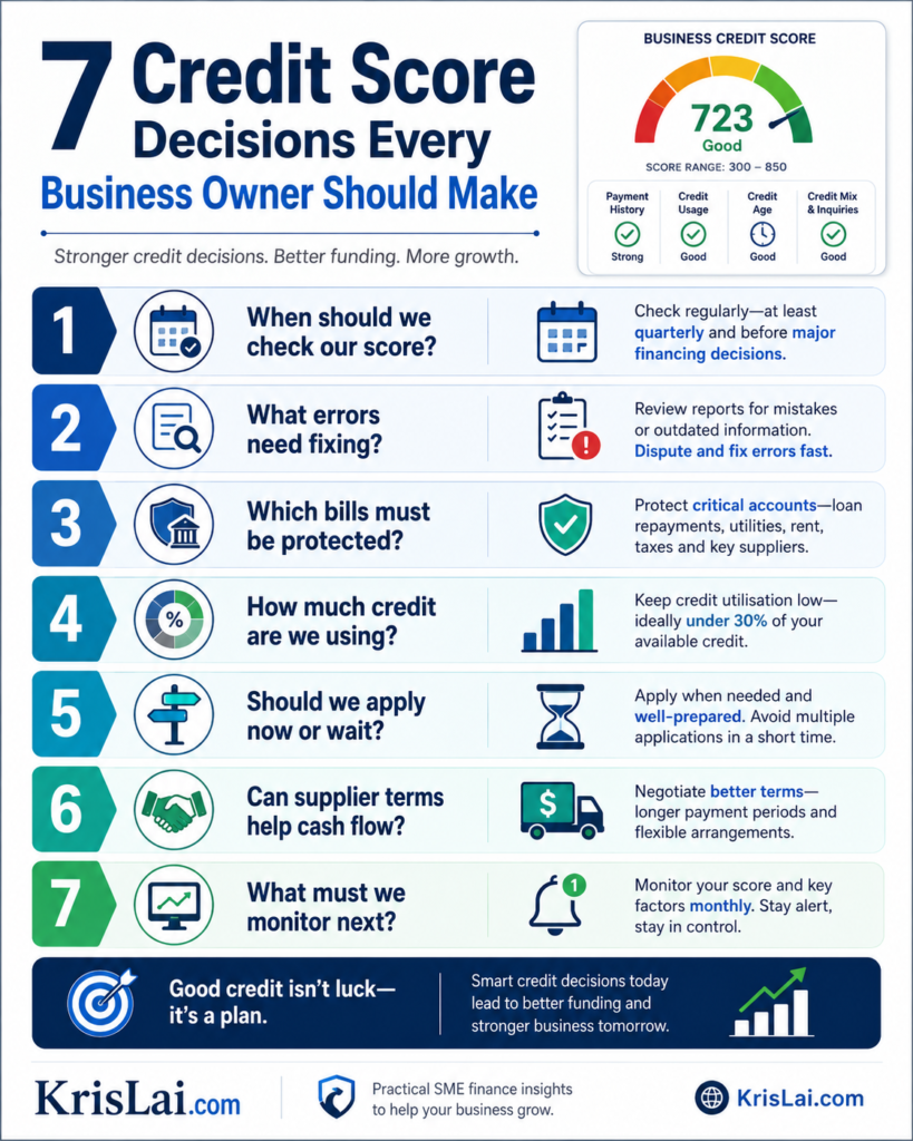 Business credit score infographic showing 7 credit score decisions every business owner should make, including when to check the score, what errors to fix, which bills to protect, how much credit is being used, whether to apply now or wait, whether supplier terms can help cash flow, and what to monitor next.