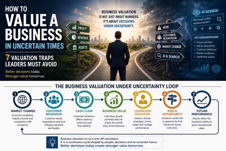 Business leader evaluating company value under uncertain market conditions using business valuation methods and strategic decision making