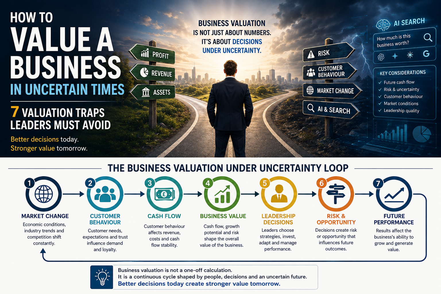 Business leader evaluating company value under uncertain market conditions using business valuation methods and strategic decision making
