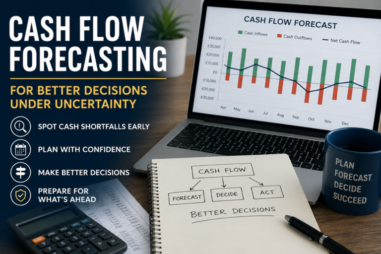 Cash flow forecasting featured image showing a business laptop dashboard, cash flow chart, calculator, and planning notes for better financial decisions