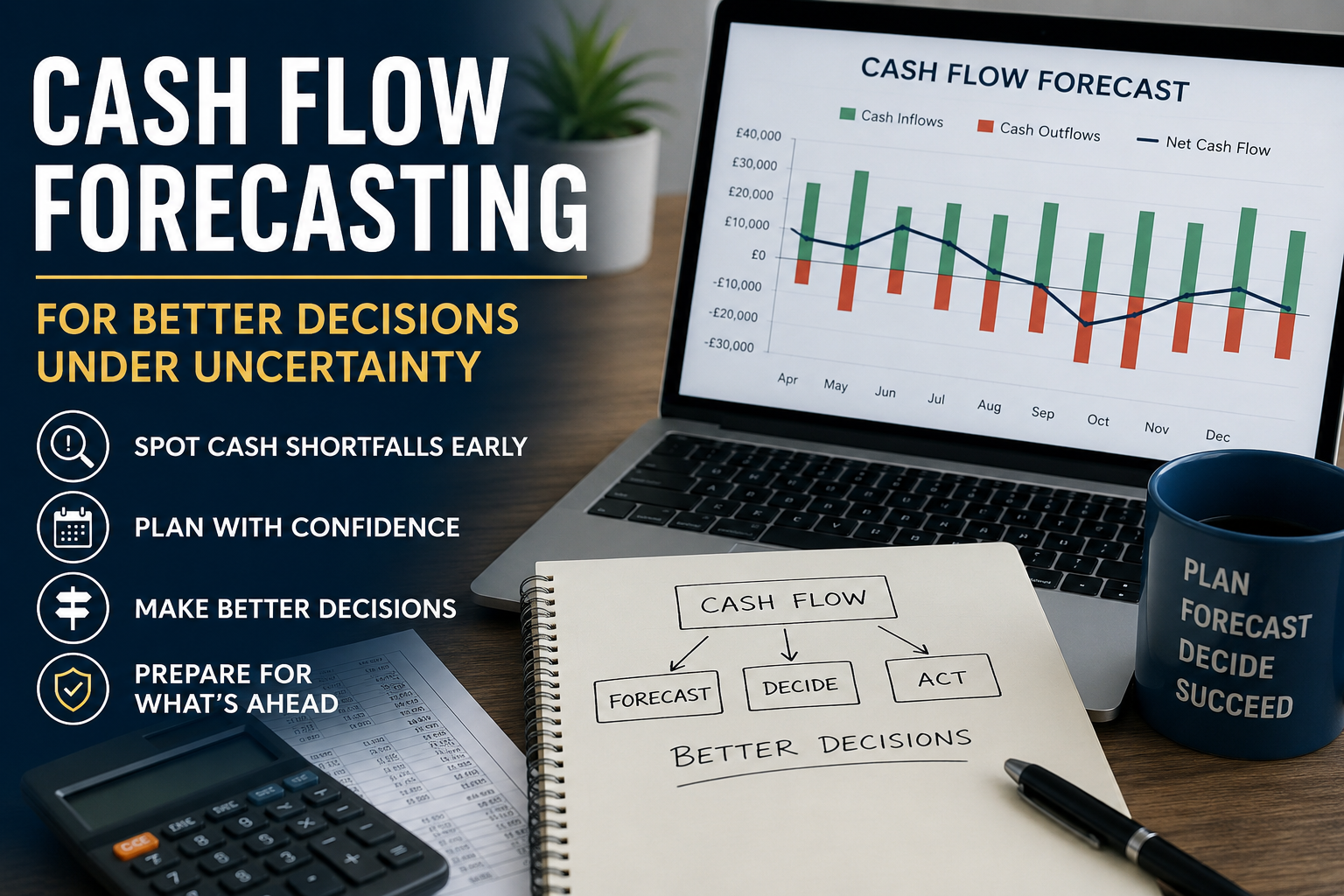Cash flow forecasting featured image showing a business laptop dashboard, cash flow chart, calculator, and planning notes for better financial decisions